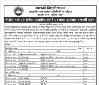 गण्डकी बिश्वबिधालयमा शैक्षिक तथा प्रशासनिक पदपूर्तिका लागि दरखास्त आव्हान ( हेर्नुस सूचनासहित )